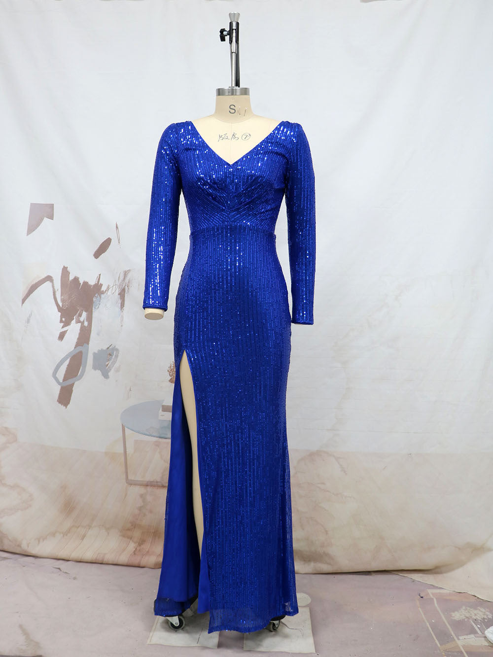 Spring Split Long Sleeve V neck Slim Fit Long Formal Dress Wedding Cocktail Party Multi Color Sequined Evening by Ragazza
