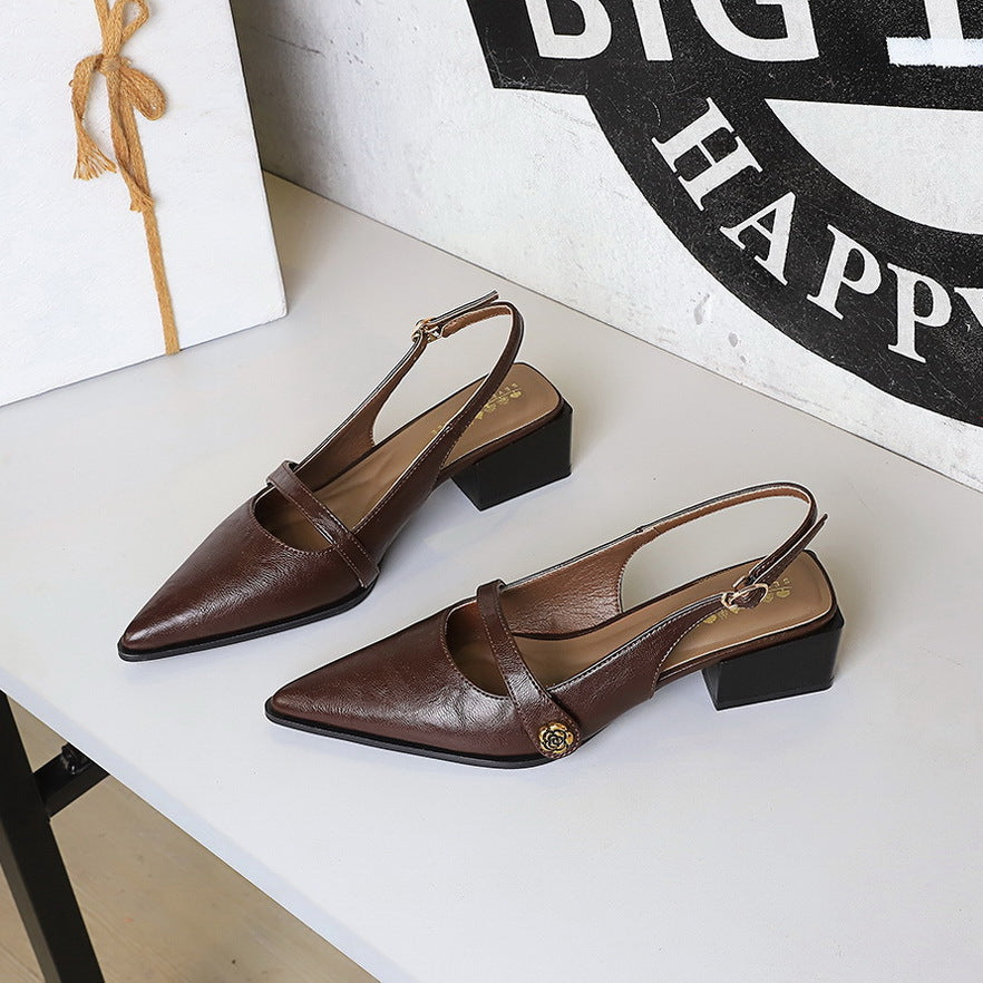Retro Brown Camellia Pumps Word with Chunky Heel Low Heel Back Empty Back Strap Women Shoes DestGlow