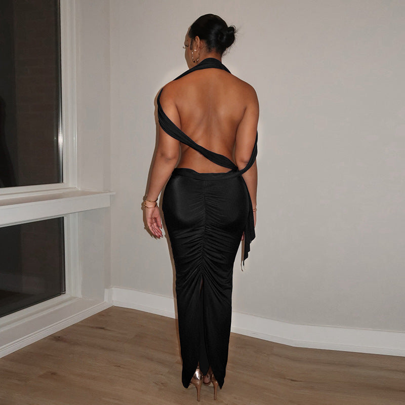 Women Clothing Spring Solid Color Sexy Pleated Hollow Out Cutout Backless Sleeveless Ribbon Maxi Dress by Ragazza
