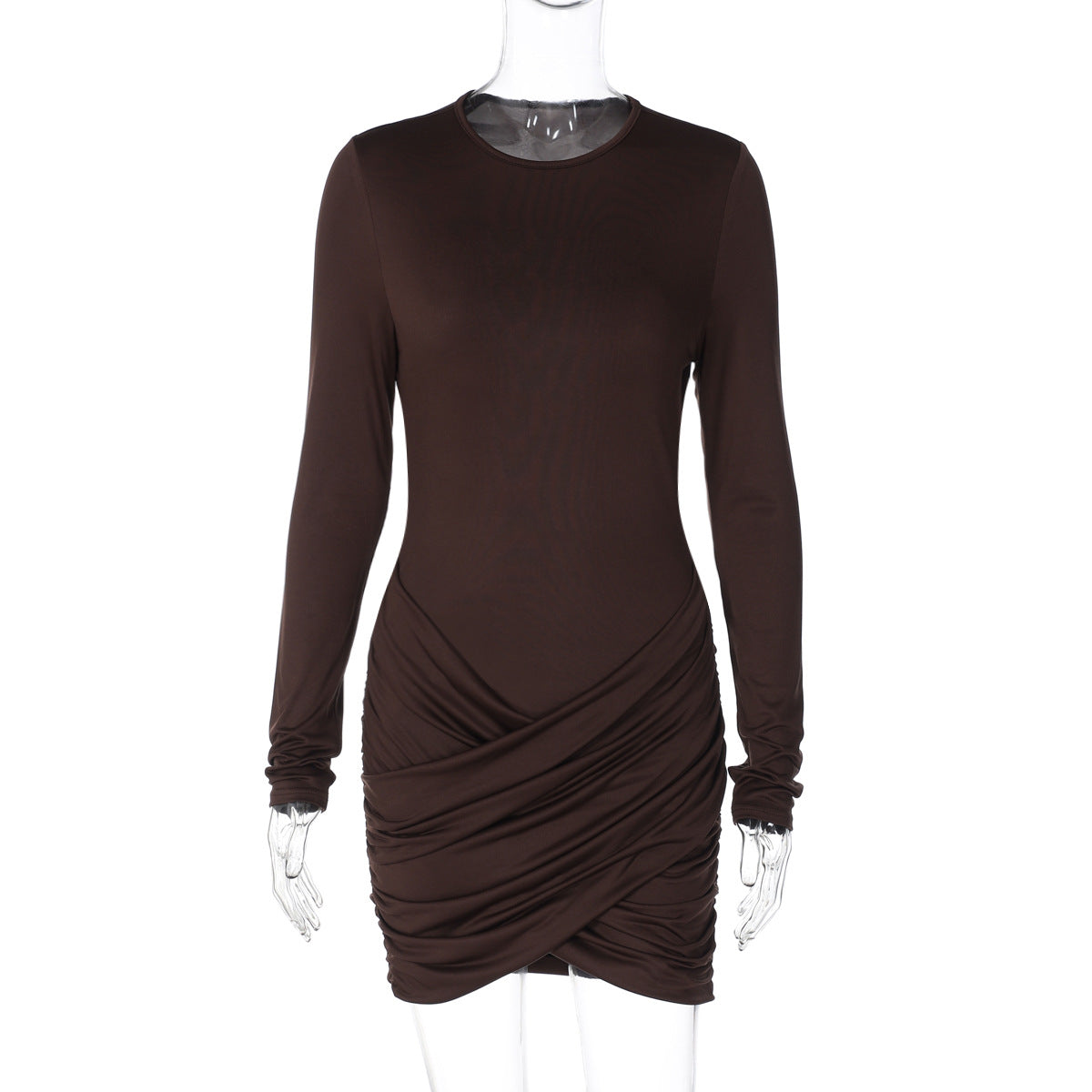 Women Clothing Autumn Winter Solid Color round Neck Pleated Waist Slimming Tight Sheath Dress by Ragazza