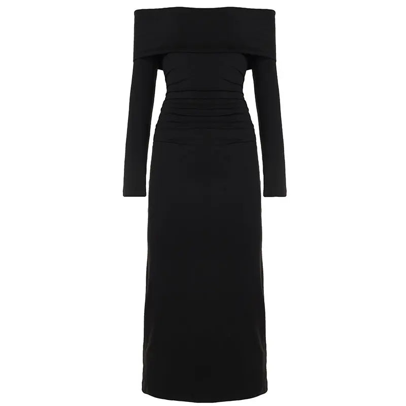 Elegant Graceful Women Dress Solid Color off Shoulder Pleated Slim Fit Figure Flattering Maxi Dress