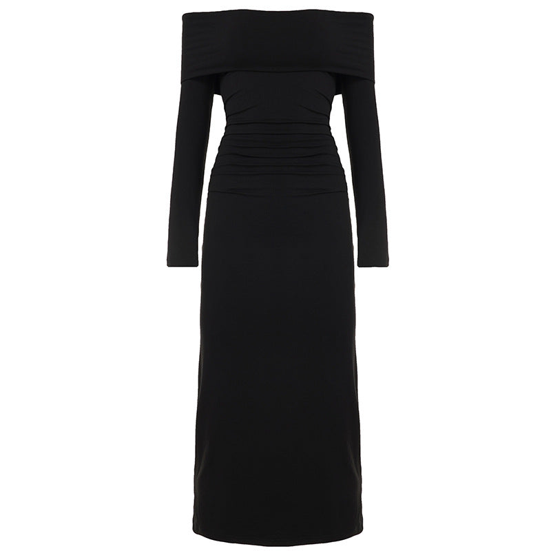 Elegant Graceful Women Dress Solid Color off Shoulder Pleated Slim Fit Figure Flattering Maxi Dress by Ragazza