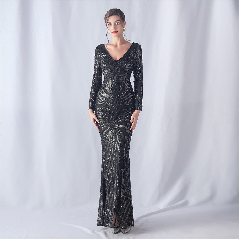 Positioning Floral Cutting Craft Magic Color Sequin Annual Meeting Wedding Long Sleeve Evening Dress by Ragazza