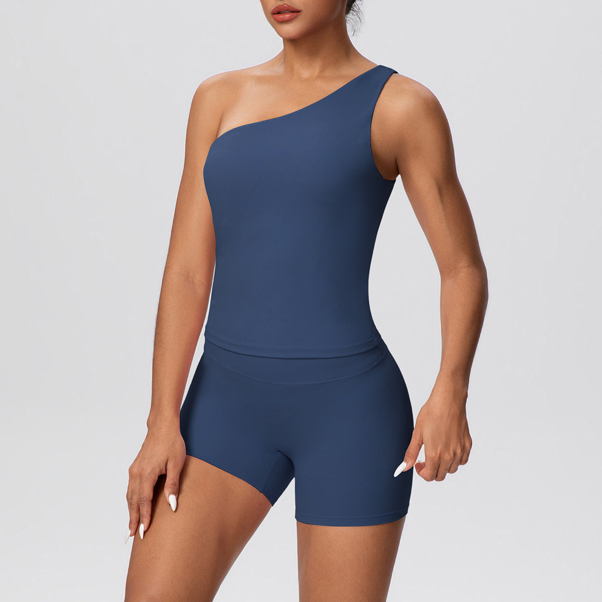 Women Solid Color Oblique Shoulder Strap Beauty Back Exercise Vest Yoga Pants Running Slim Shorts Fitness Yoga Wear Set by Ragazza
