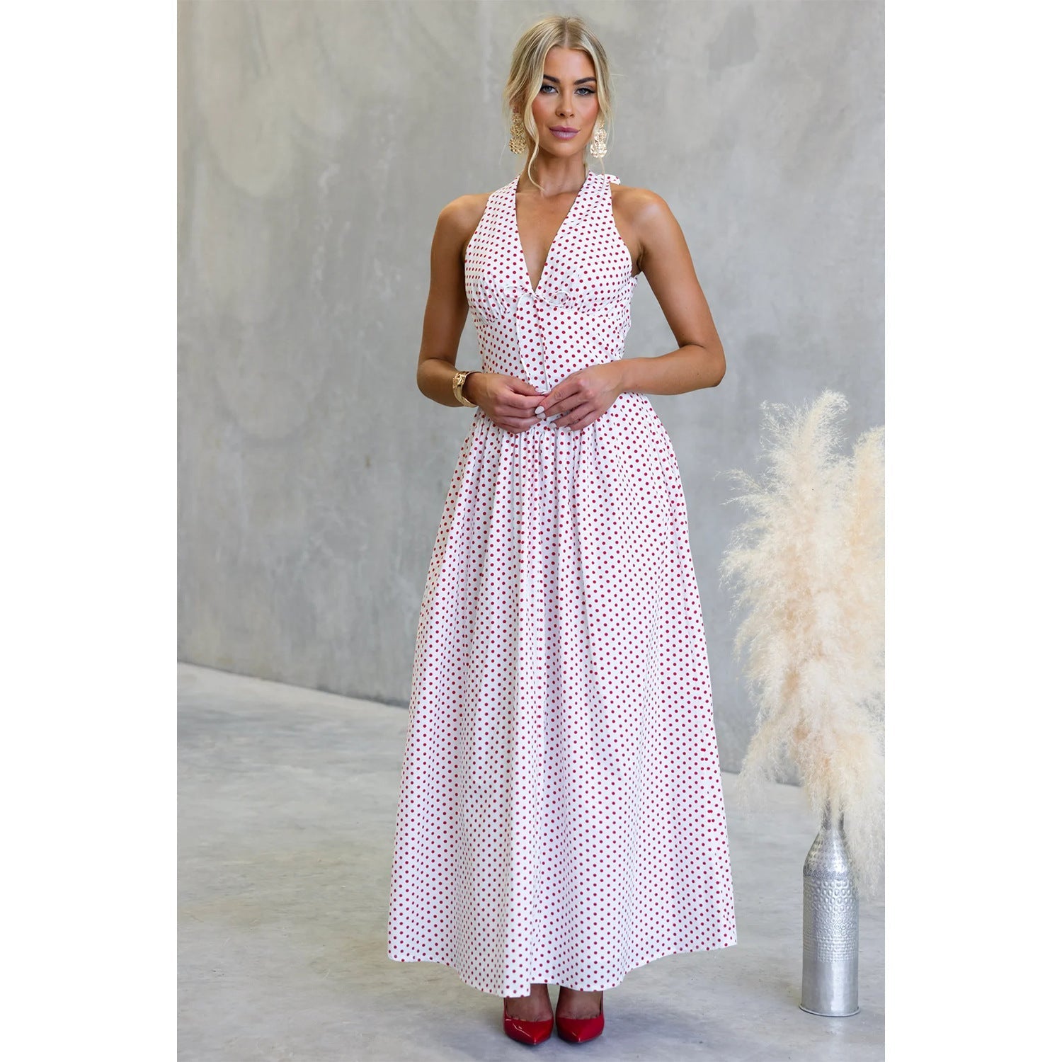 Goods Polka Dot Halter Deep V Plunge Dress Vacation Dress