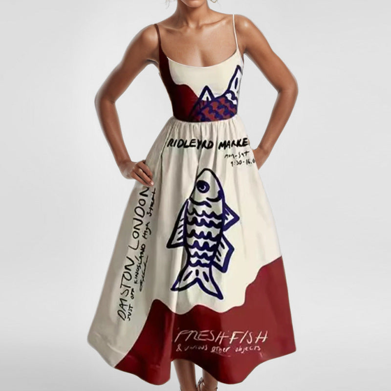Spring Women Clothing Printing Pleated Waist Tight Large Swing Sling Dress by Ragazza