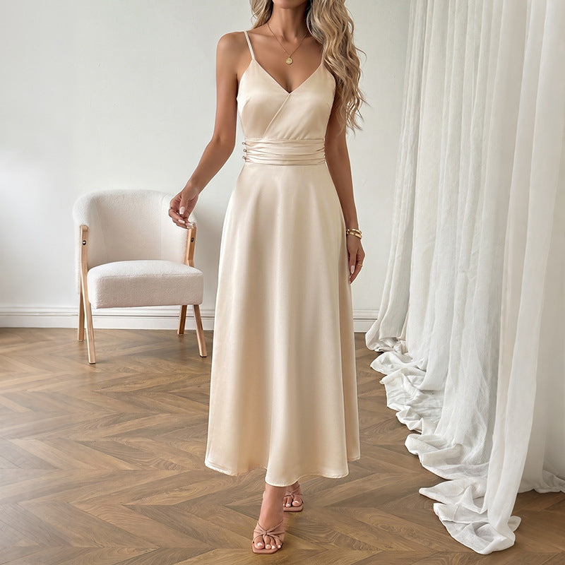 Simple Elegant Champagne Satin V neck Strap Dress by Ragazza