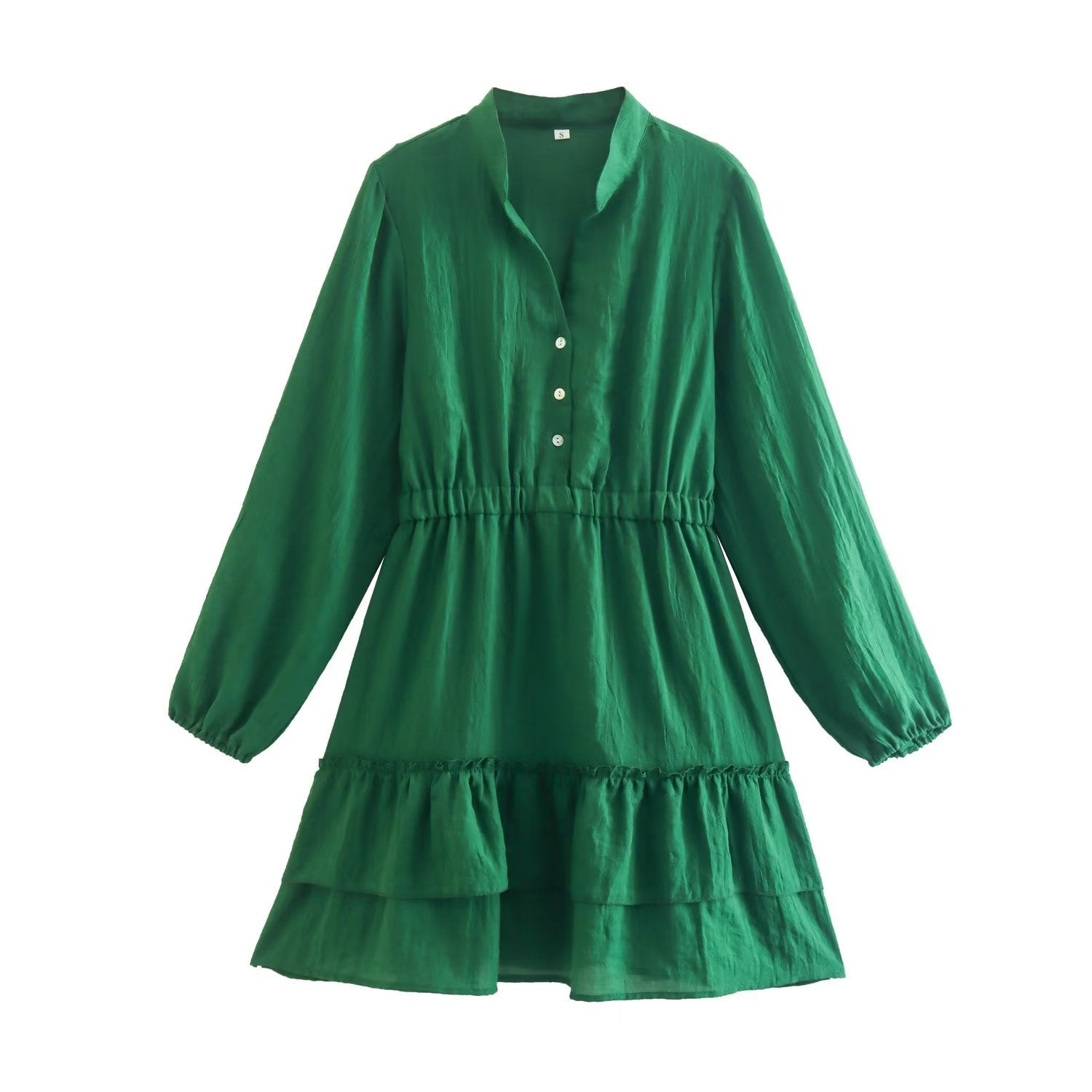 Winter Women Clothing Stand Collar Solid Color Double Fold Ruffled Laminated Long Sleeve Dress by Ragazza