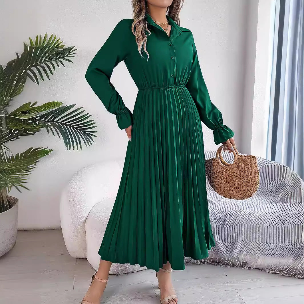 Autumn Winter Casual Collared Button Long Sleeve Cinched Pleated Maxi Dress Women Clothing by Ragazza