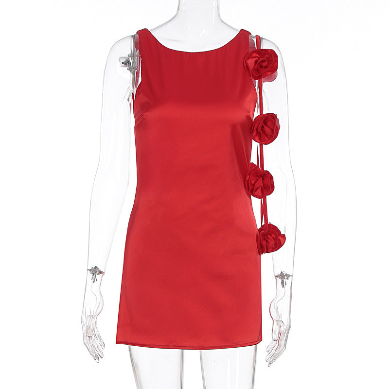 Women Clothing Summer Sexy Three Dimensional Floral Decoration Sleeveless Hip Dress by Ragazza