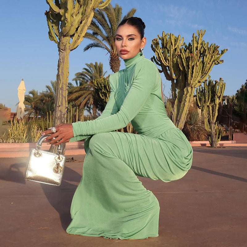 Fall Women Clothing Solid Color Turtleneck Backless Stitching Pleated Slim Fit Dress by Ragazza