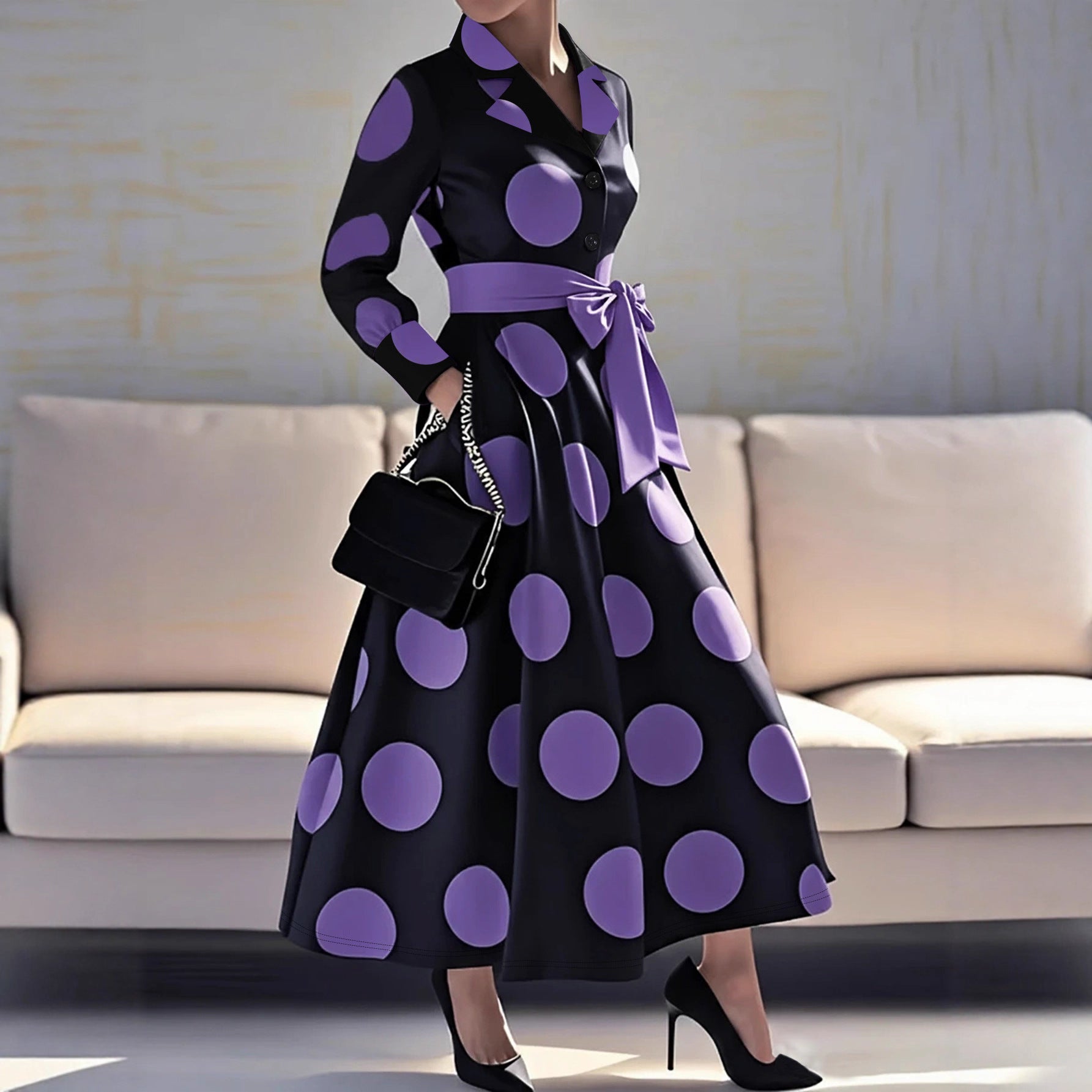 Women Clothing V neck Elegant Printed Waist Dignified Dress by Ragazza