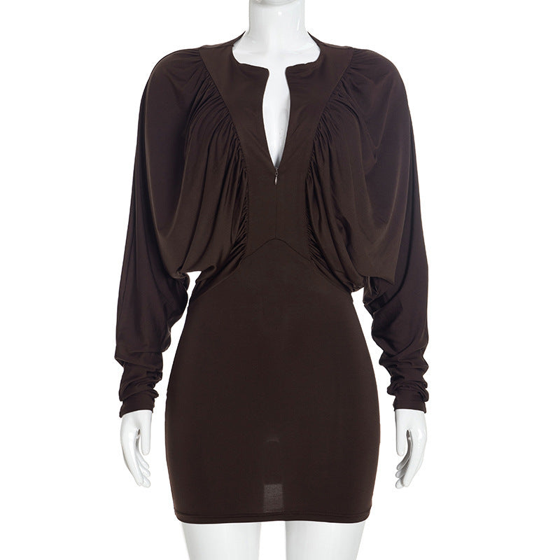 Women Clothing Autumn Solid Color Casual Draped Long Sleeve Pleated Zipper Slim Short Dress DestGlow