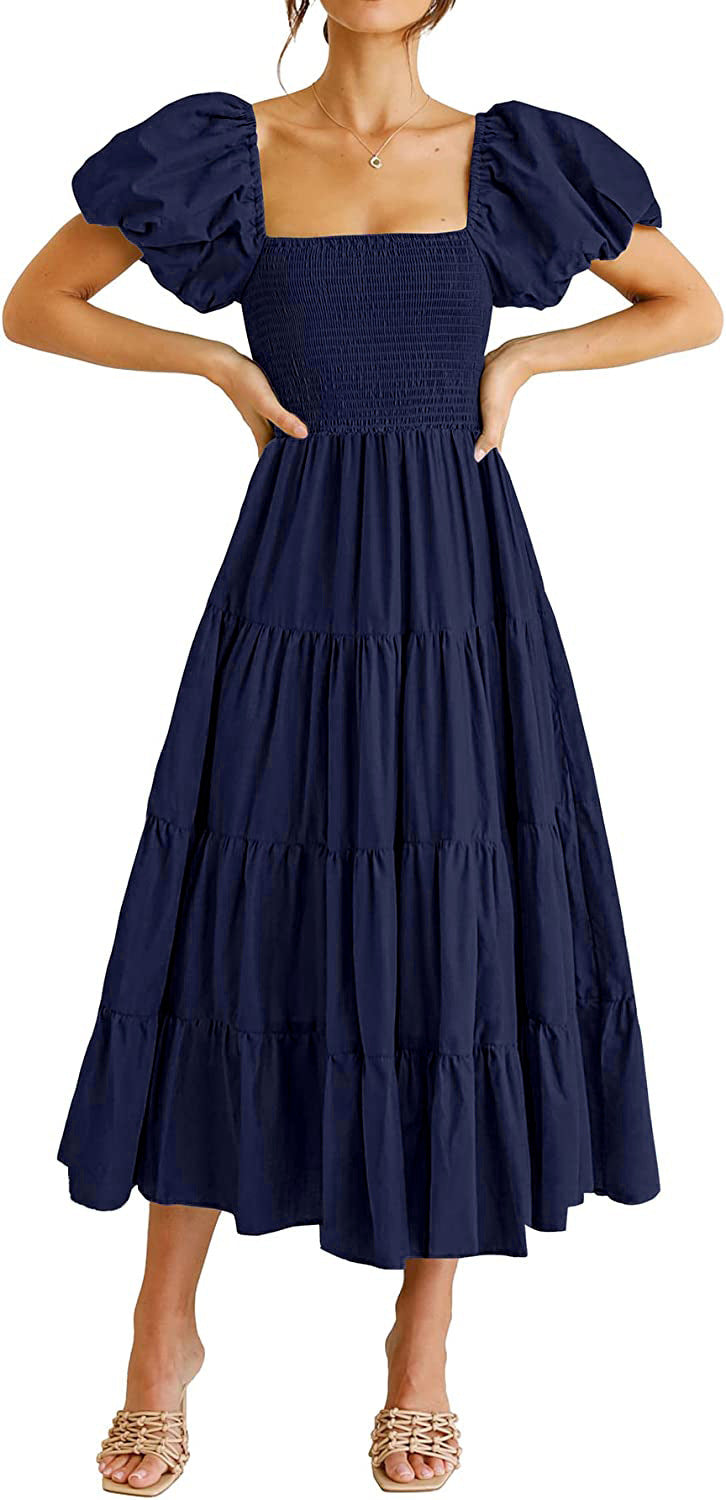 Summer Women Clothing Square Collar Backless Puff Sleeve Pleated Short Sleeves Dress by Ragazza
