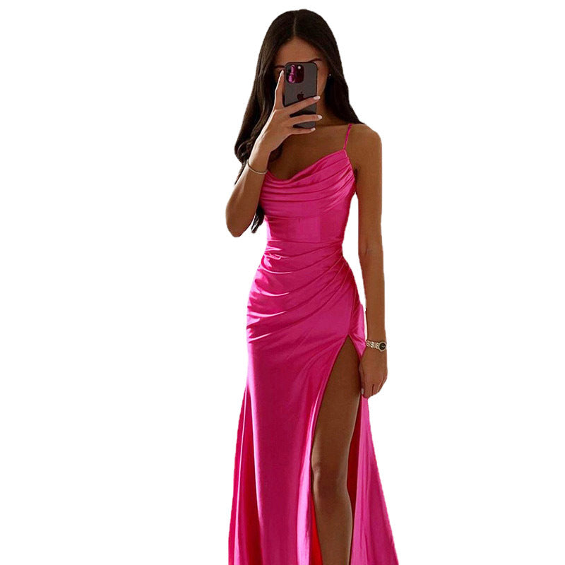 Women Spring Tube Top Pleated Slit Satin Dress Sexy Slim Hip Dress by Ragazza