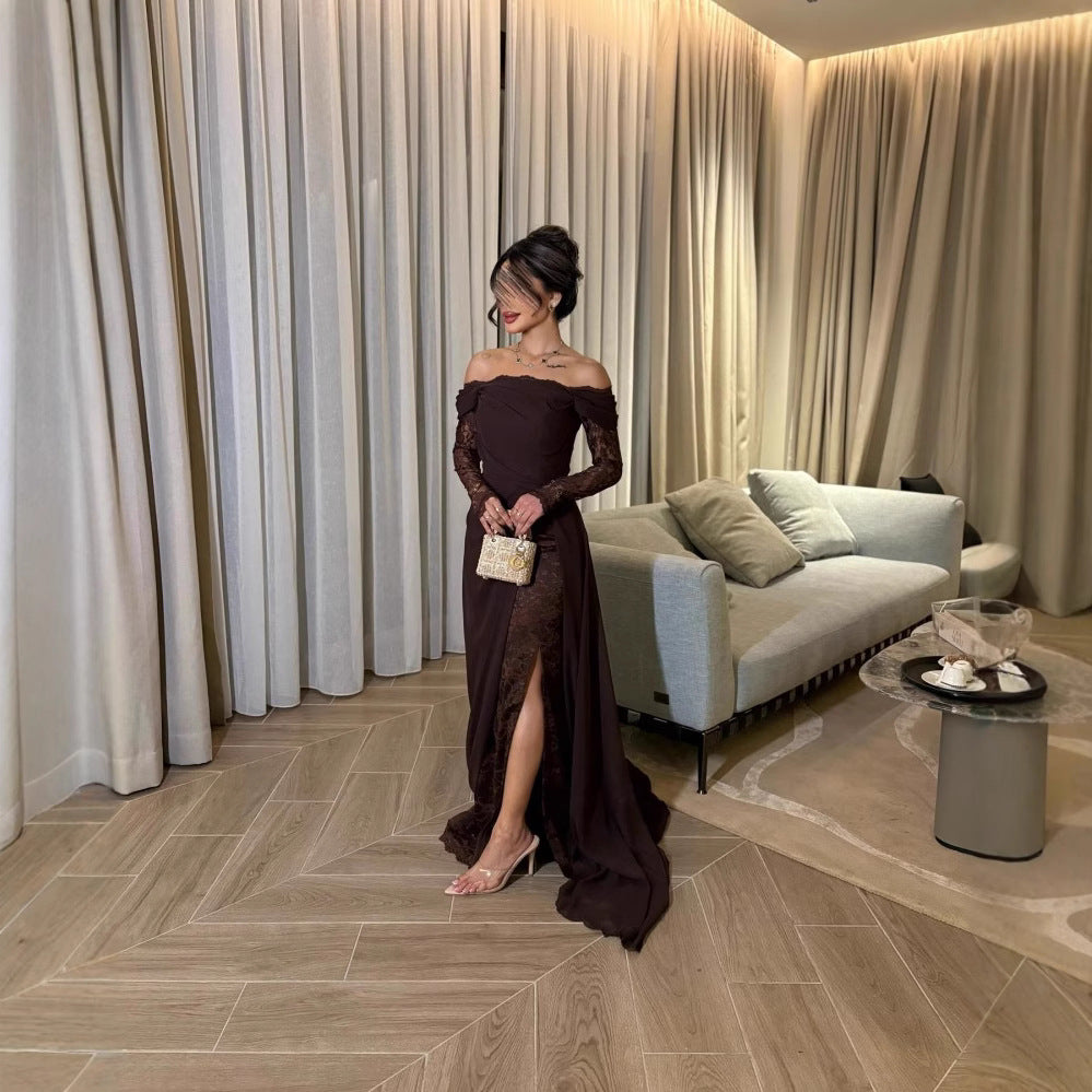 Spring Summer Women Clothing Tube Top Stitching Lace Long Sleeve Big Hem Elegance Retro Dress by Ragazza