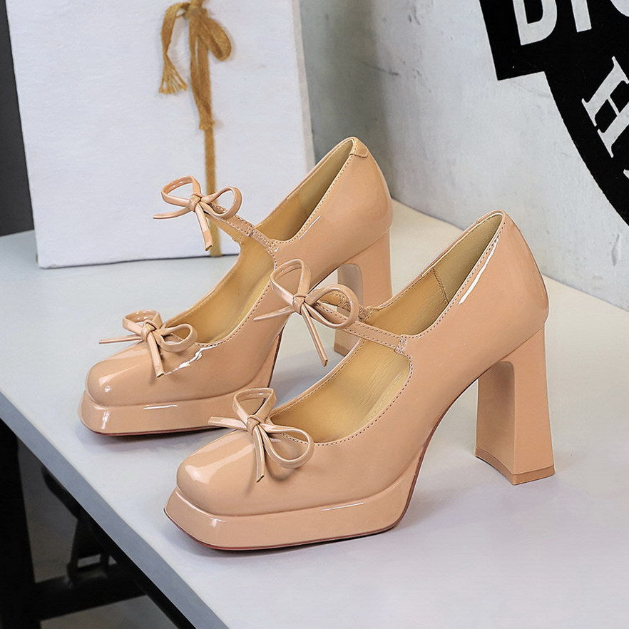 Sexy Patent Leather Bow Buckle Waterproof Platform Super High Heel Not Tired Feet Shoes DestGlow