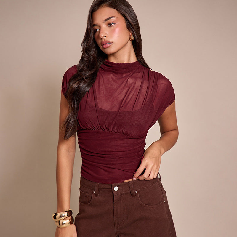 Women Clothing Solid Color Mesh Slim Fit Patchwork Turtleneck Short Sleeve Top by Ragazza