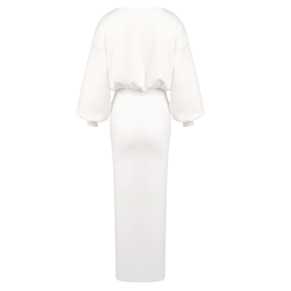 Women White Autumn Winter Extended Slimming High Elastic Maxi Dress Hip Dress Long Sleeve Dress by Ragazza