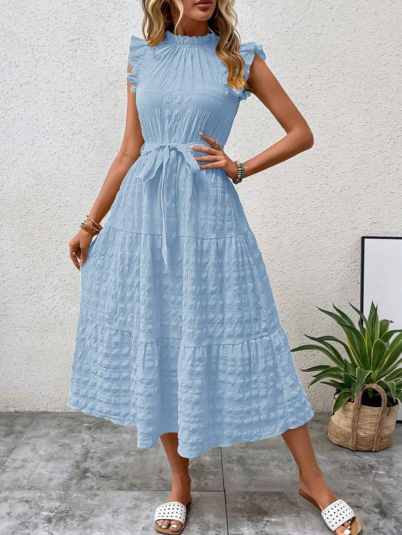 Women Clothing Summer Fashionable Stringy Selvedge Flying Sleeves Lace Up Texture Dress by Ragazza