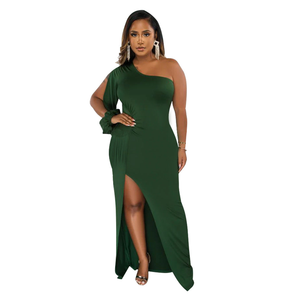 Supply Women Wear One Shoulder Lantern Sleeve Slim Fit Sexy Slit Dress by Ragazza