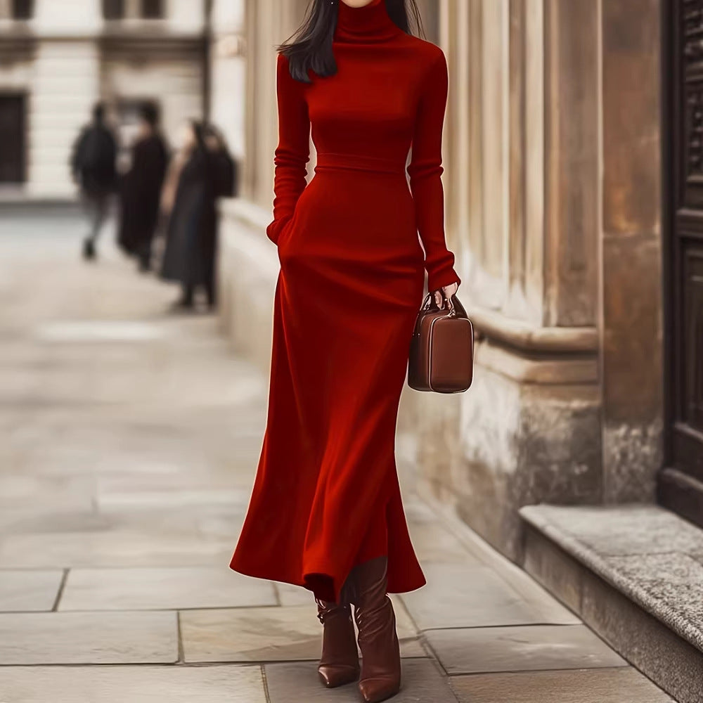 Spring Autumn Women Clothing High Collar Slim Fit Long Sleeves Knitted Dress by Ragazza