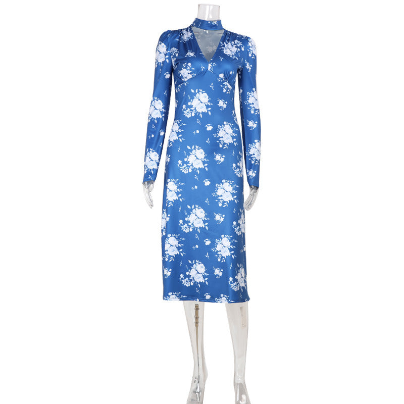Floral Print Elegant V neck Summer Slim Fit Lightweight Thin Long Sleeve Dress Klein Blue Dress by Ragazza
