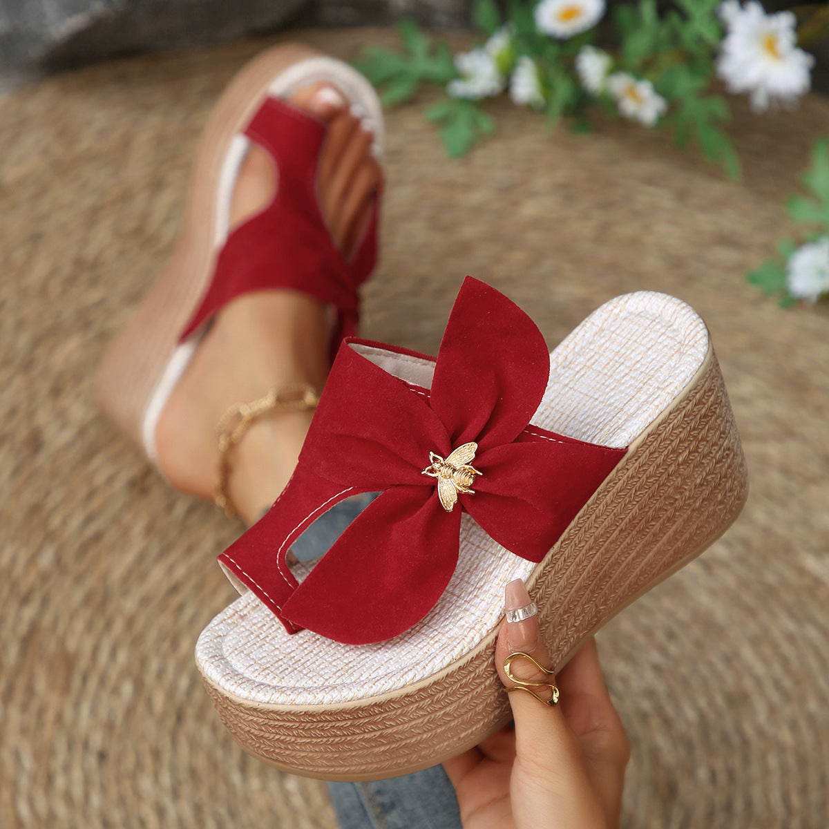 Metal Buckle Suede Toe Covering Wedge Slippers Women Bow Platform Muffin Beach Sandals DestGlow
