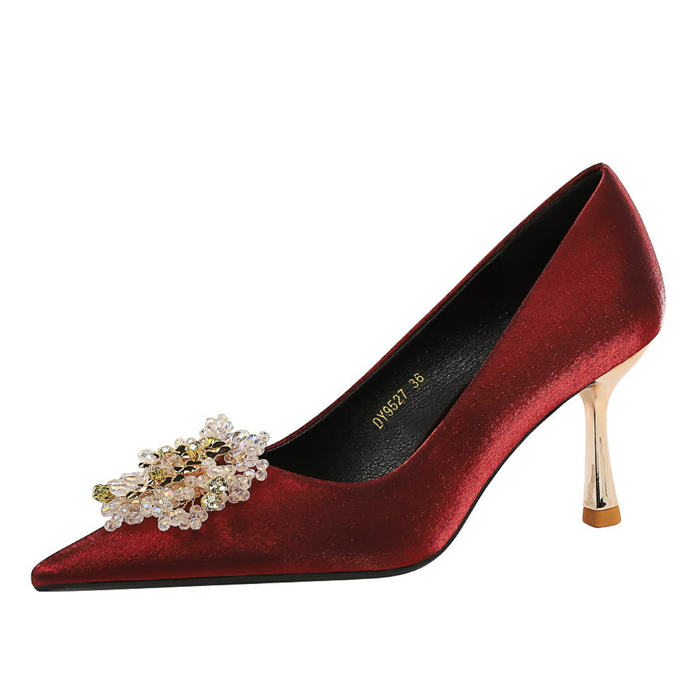 French Metal High Heel Women Shoes Rhinestone Floral Decoration Pointed Toe Satin Stiletto Heel Pumps Women DestGlow
