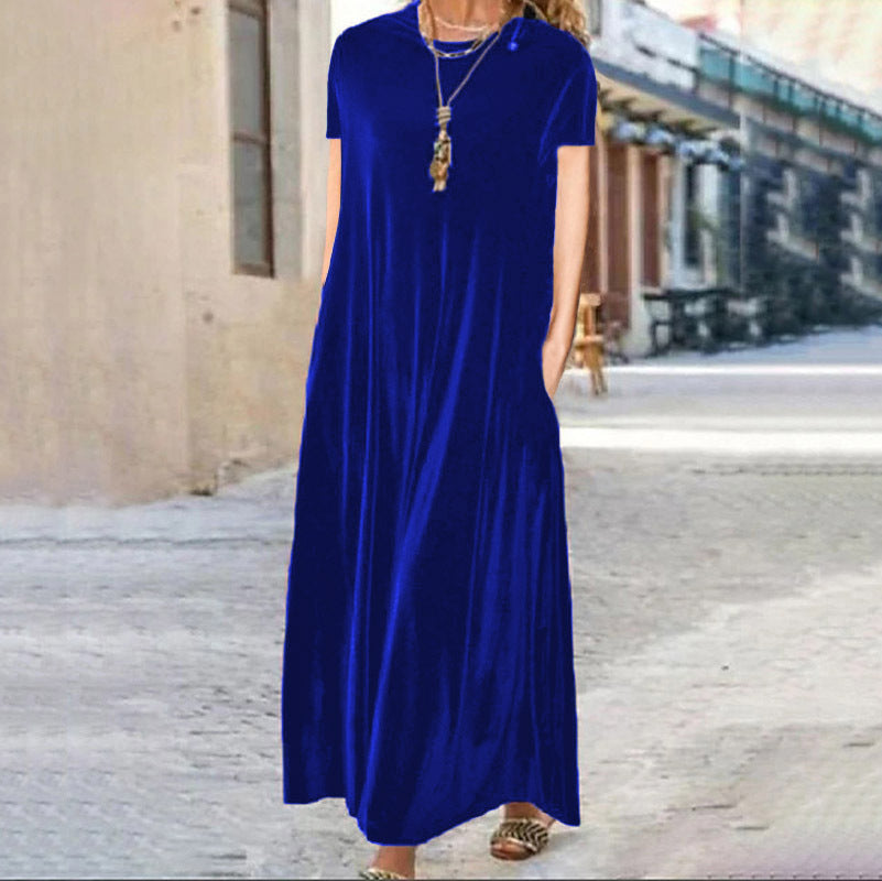 Spring Gold Velvet Slimming Crew Neck Maxi Dress by Ragazza