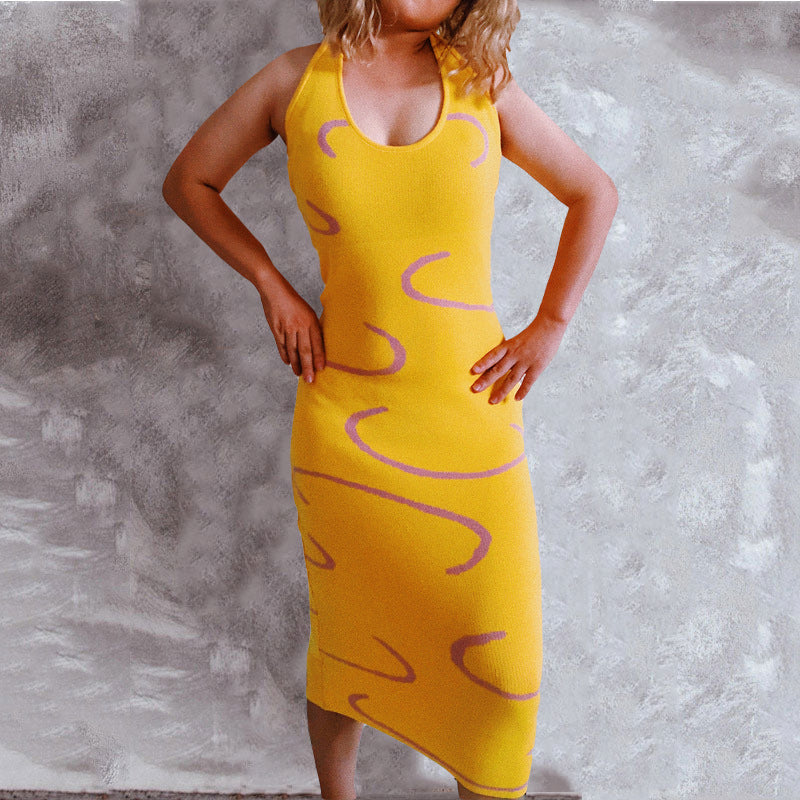 Knitted Sling Geometric Abstract Slim Fit Long Sexy Fitted Waist Backless Beach Dress Sweater DestGlow