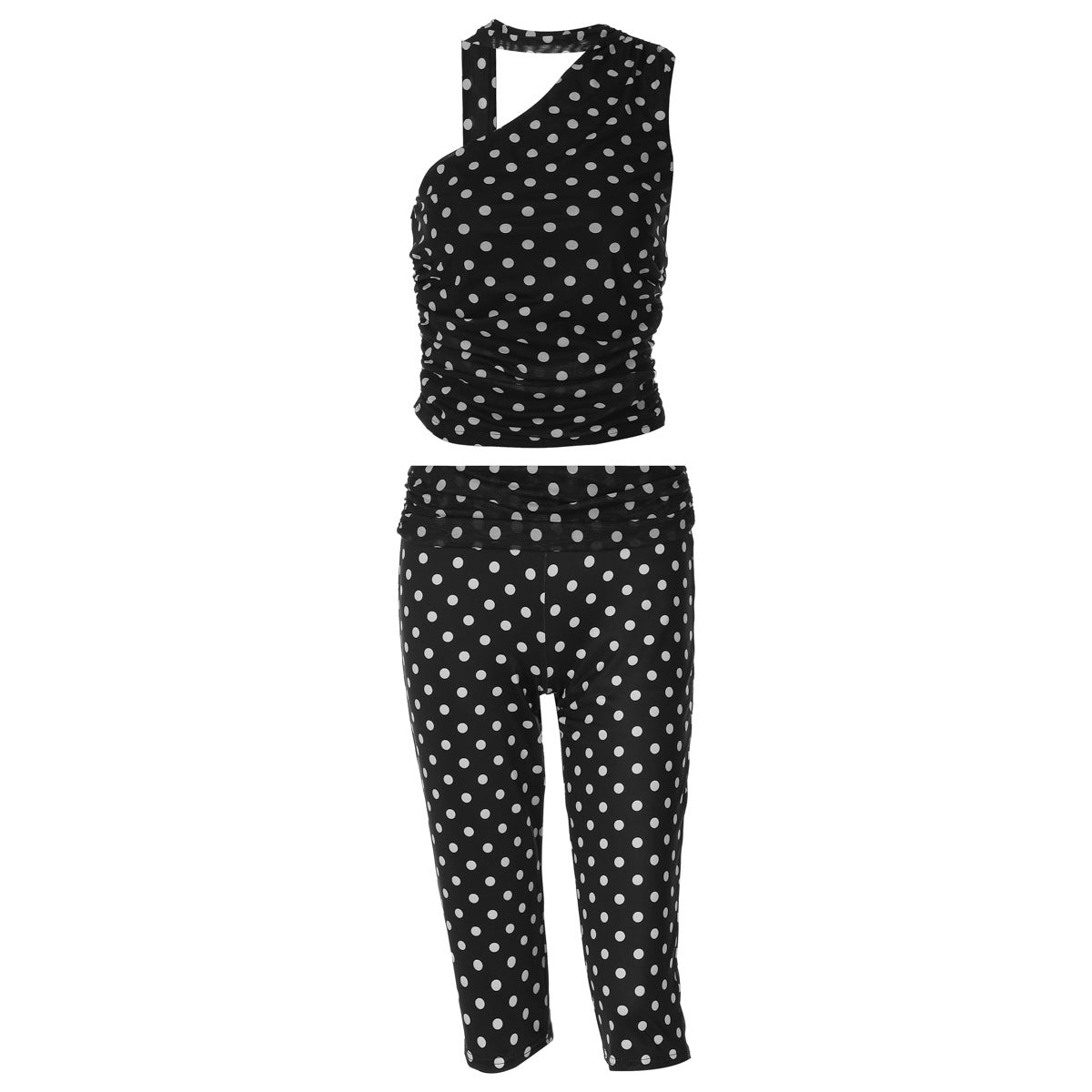 Winter Mesh Stitching Polka Dot Shoulder Diagonal Collar Top Slim Cropped Pants Set by Ragazza