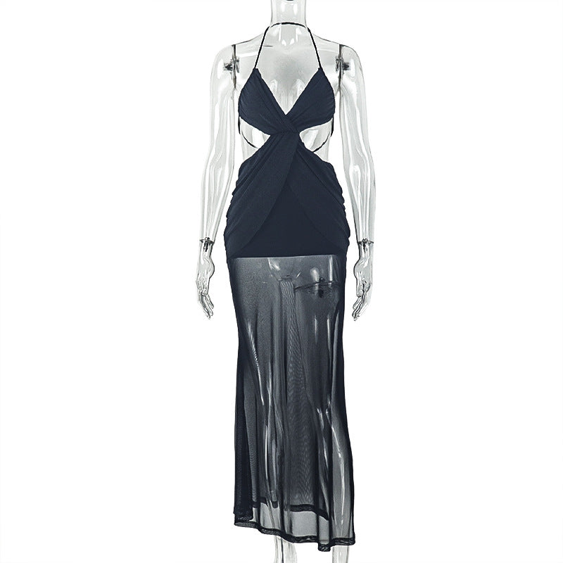 Sexy Women Clothing Backless Pleated Hip Dress Halter Wrapped Chest Cross Solid Color Maxi Dress by Ragazza