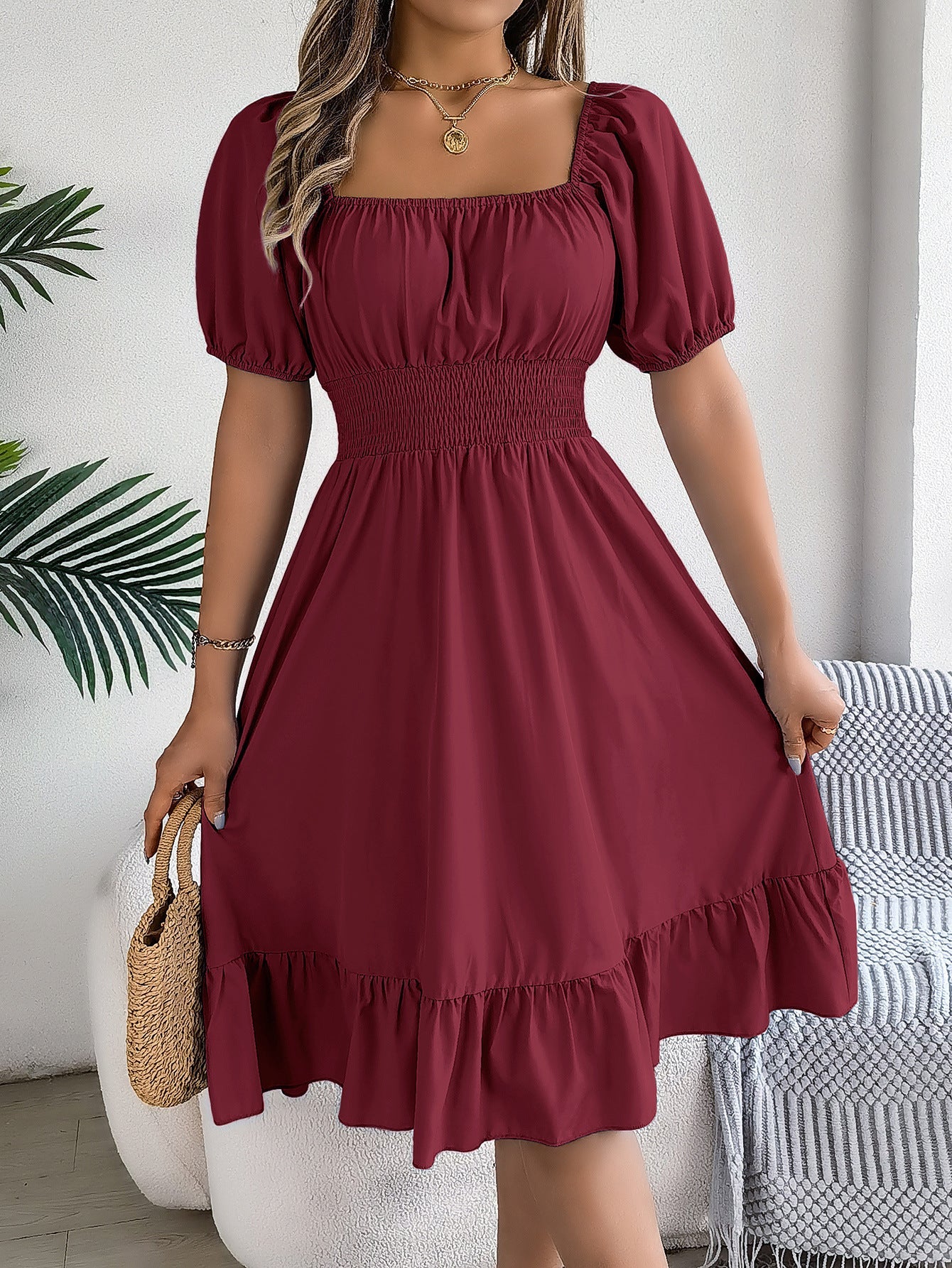 Spring Summer Casual Square Collar Short Sleeve Waist Trimming Ruffles A line Dress Women Clothing by Ragazza