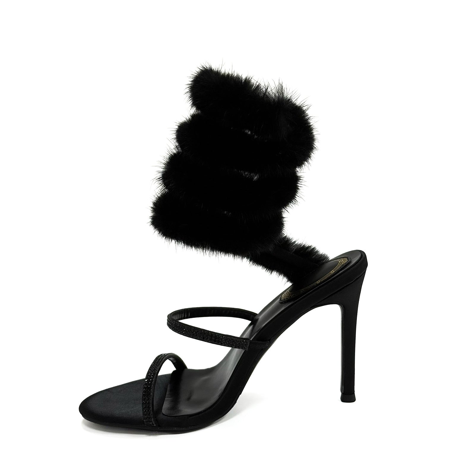 Black White 10cm Stiletto Heel Small round Toe Furry Winding High Heel Sandals Summer Heels DestGlow