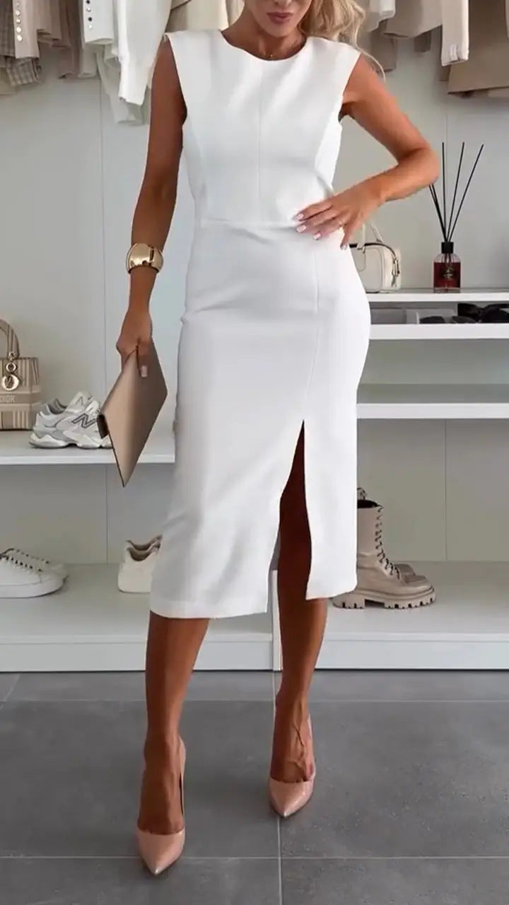 round Neck Elegant Split Solid Color Slim Fit Dress Women by Ragazza