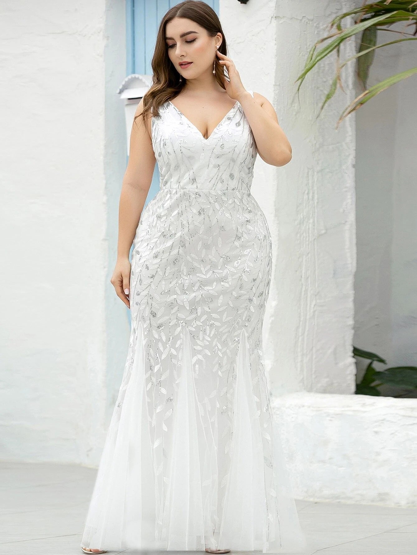 Evening Dress V neck Tulle Embroidered Sequ Sexy Mermaid Prom Dress Women Formal Dress by Ragazza