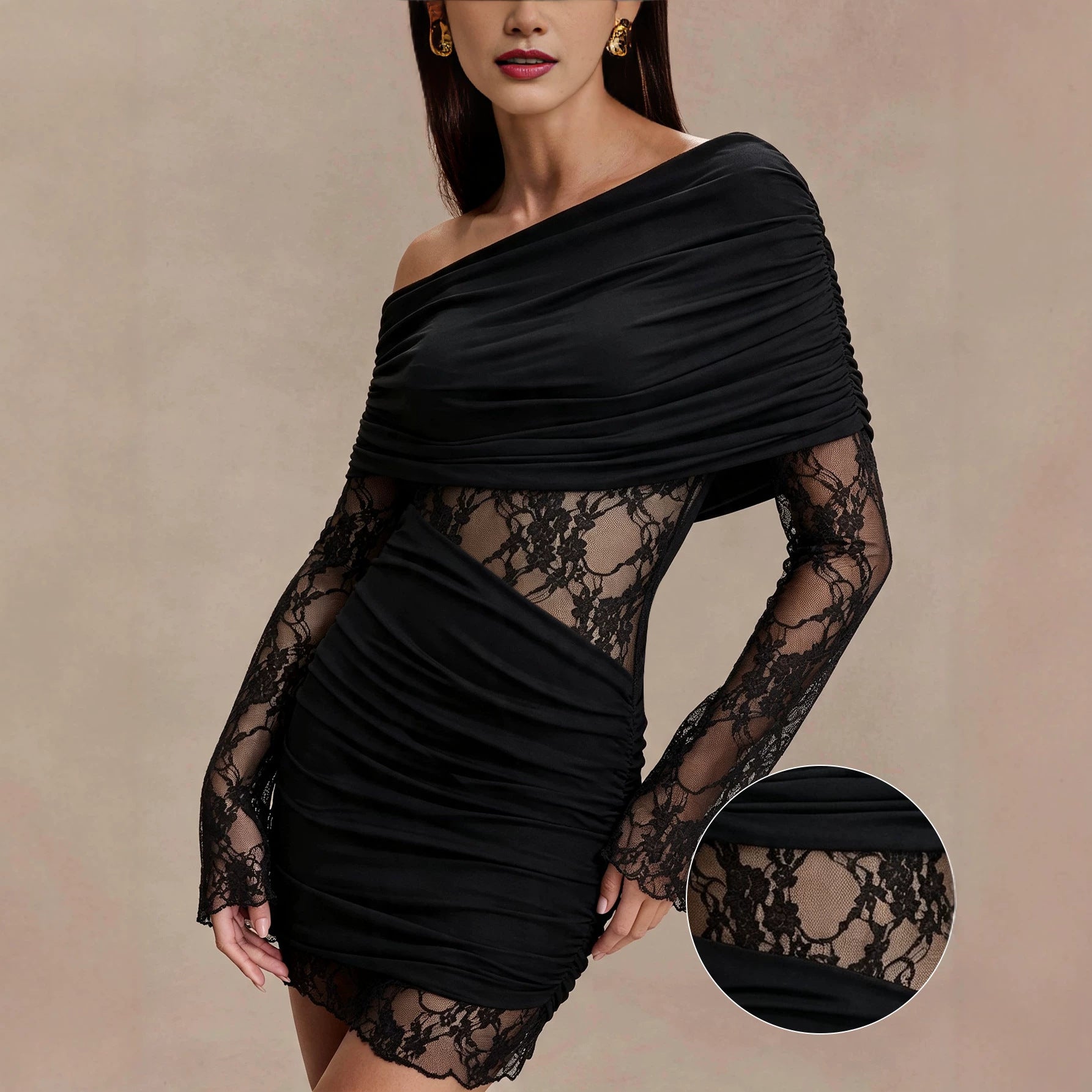 Sexy Shoulder Long Sleeve Dress Women Lace Patchwork Waist Slimming Slimming Hip Dress DestGlow