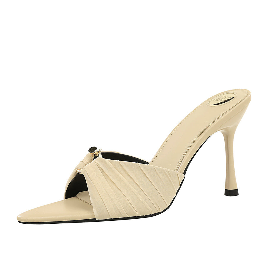 Korean Pleated Lace Stiletto Heel High Heels Pointed Toe All Matching Strap Sandals Toe Baring Sandal Women Outer Wear DestGlow