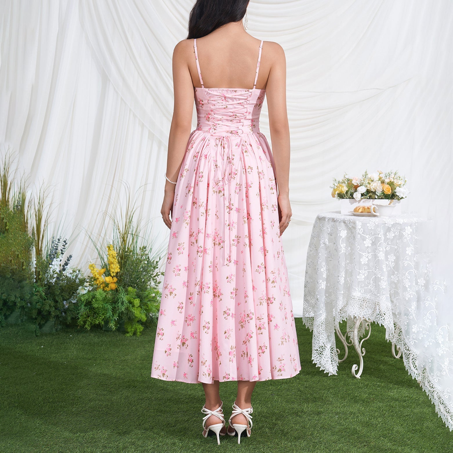 Vacation Low Collar Slip Dress Sexy Backless Lace up Waist Slimming Printed Pleated Midi Dress DestGlow