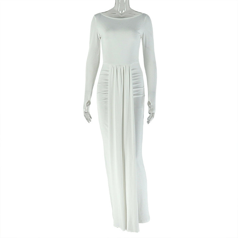 Solid Color Women Casual Daily Home Hip Dress round Neck Long Sleeve Waist Tight Dress by Ragazza