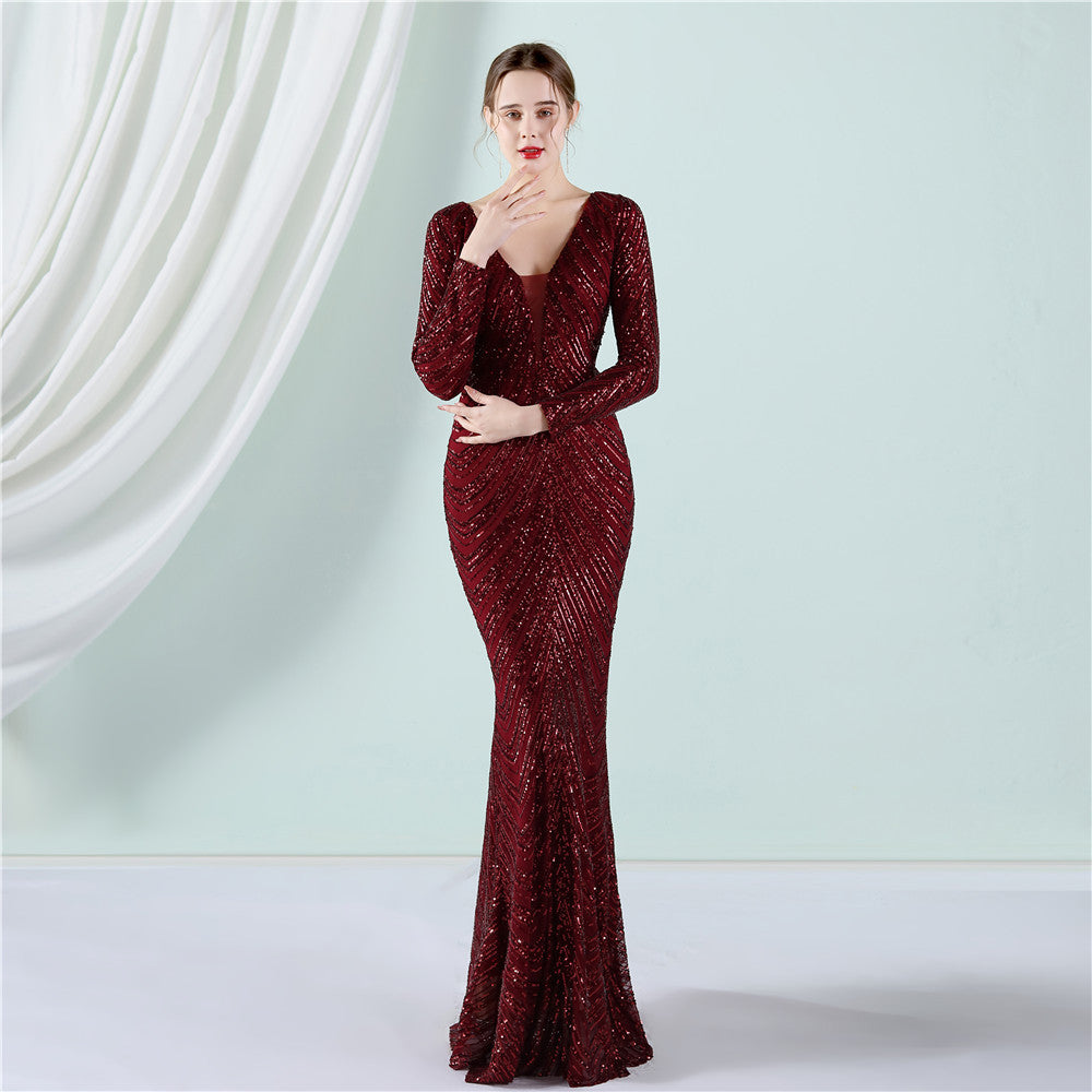 Positioning Floral Sequin Evening Dress Women Banquet Elegant Long Sleeve Sequined Queen Fishtail Dress by Ragazza
