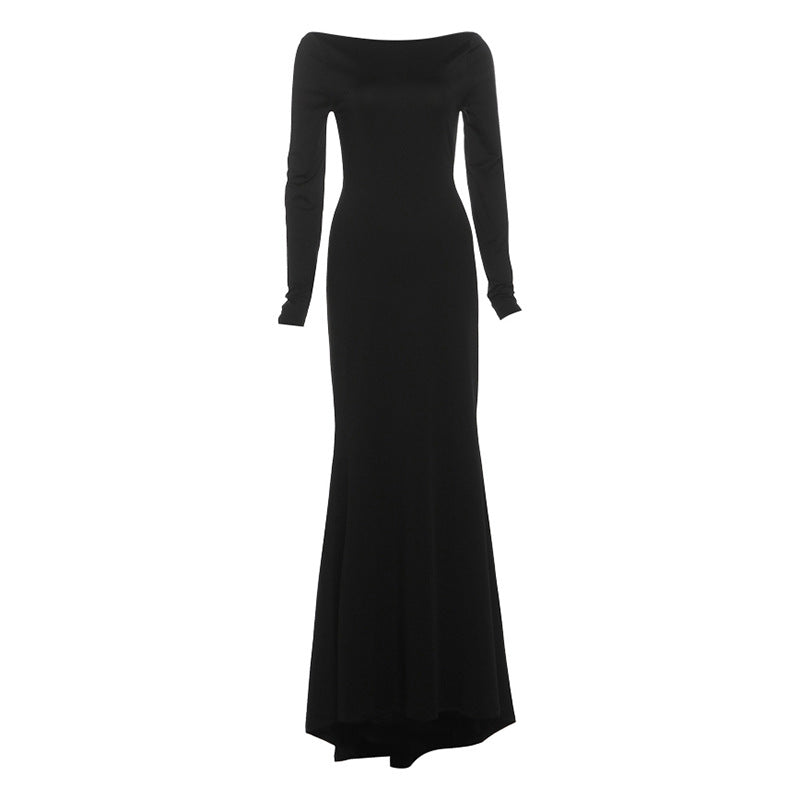 Autumn Winter Women Sexy Backless Chain Decoration Slim Fit Long Sleeved Dress DestGlow