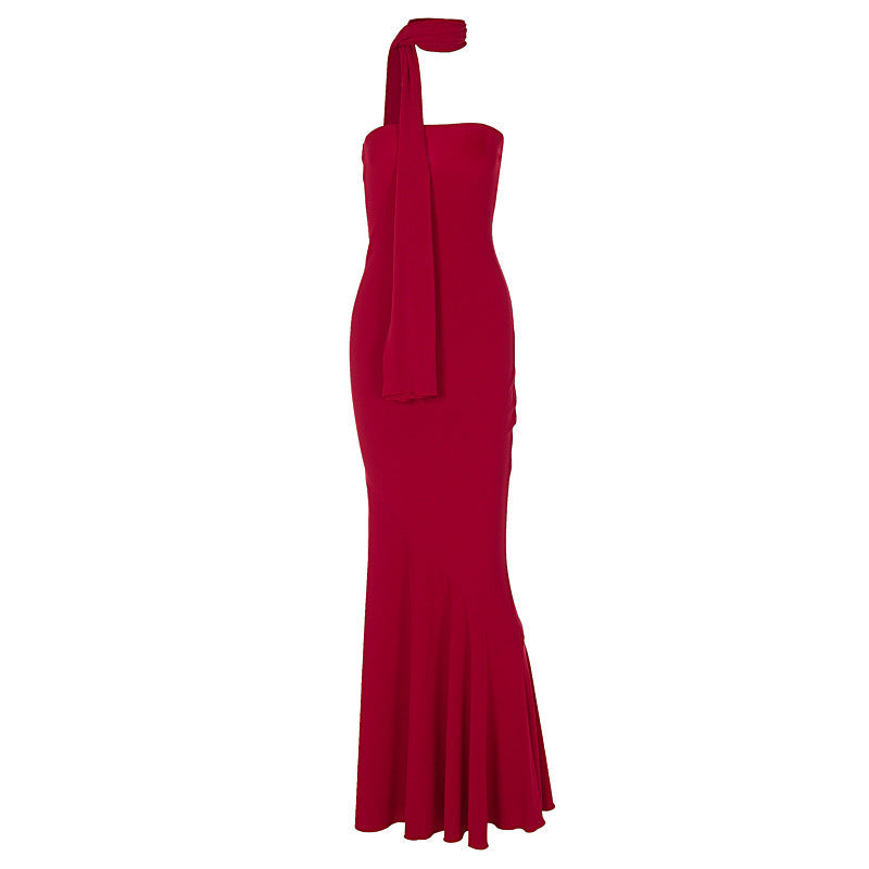 Fall Elegant Close Fitting Waist Mid Length Sexy Wrapped Chest Fish Hem Pattern Bottom Shawl Dress by Ragazza