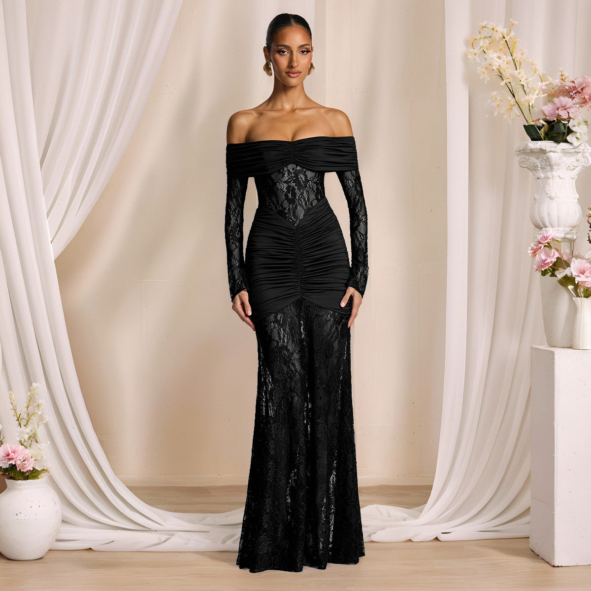 Autumn Elegant Lace Stitching off Shoulder Long Sleeve Narrow Dress Maxi Dress Women Evening Dress by Ragazza