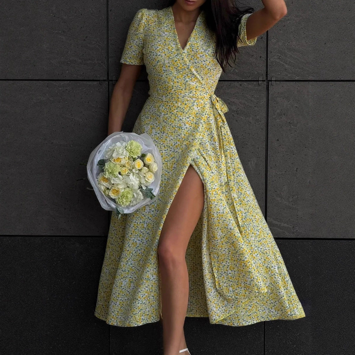 V neck Short Sleeved Dress Summer One Piece Self Tie Slit Tight Waist Floral Dress DestGlow