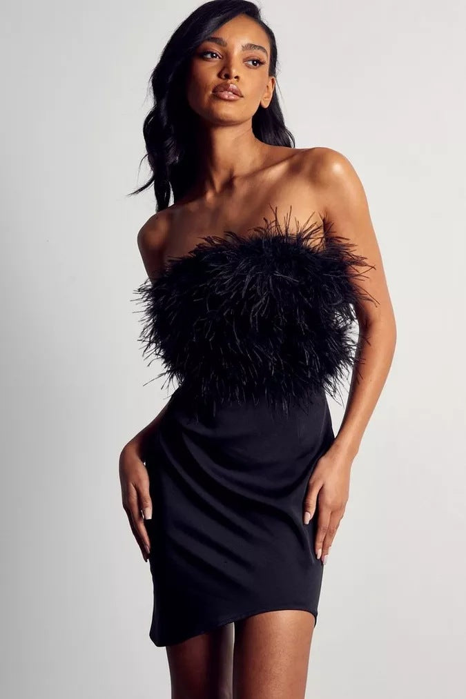 Autumn Winter Backless Dress Feather Tube Top Sexy Irregular Asymmetric Swing Dress by Ragazza