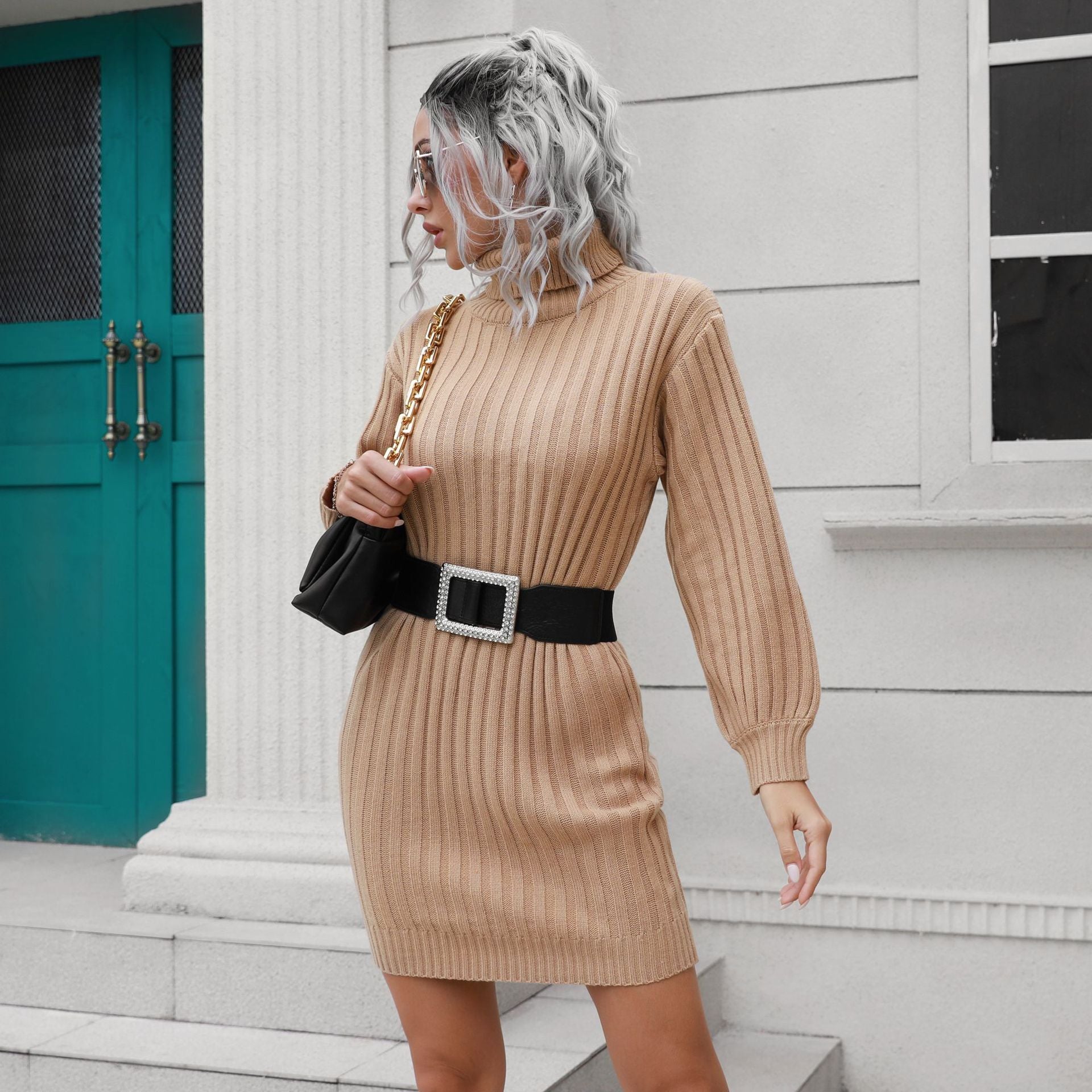 High Collar Sweater Dress Women Knitted Short Dress Autumn Winter Women Clothing by Ragazza