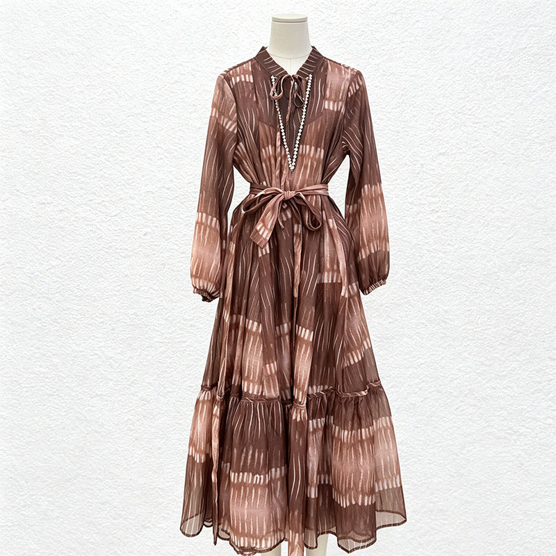 Artistic Retro Dress Autumn Nipped Waist Plaid Contrast Color Elegant High Grade Dress Women DestGlow