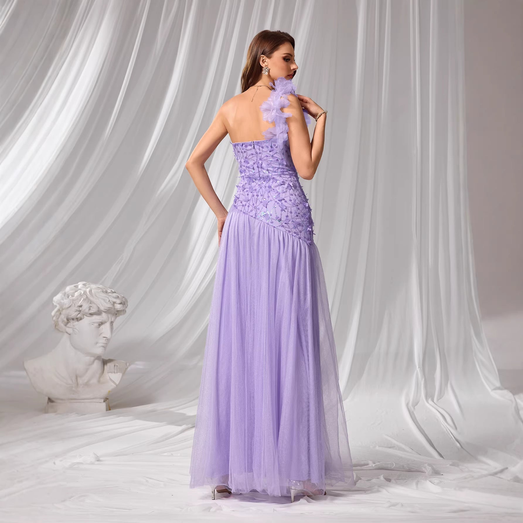 Evening Dress Group Women Solid Color Slim Fit Petals Shoulder Strap Chest Wrapped Dress by Ragazza
